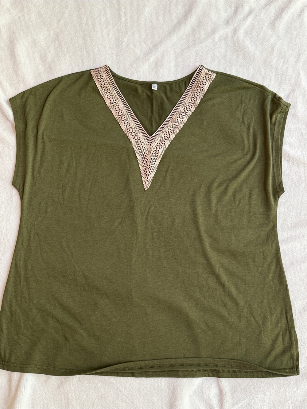 SHEIN Olive Green V-Neck Crochet Trim Tunic Top